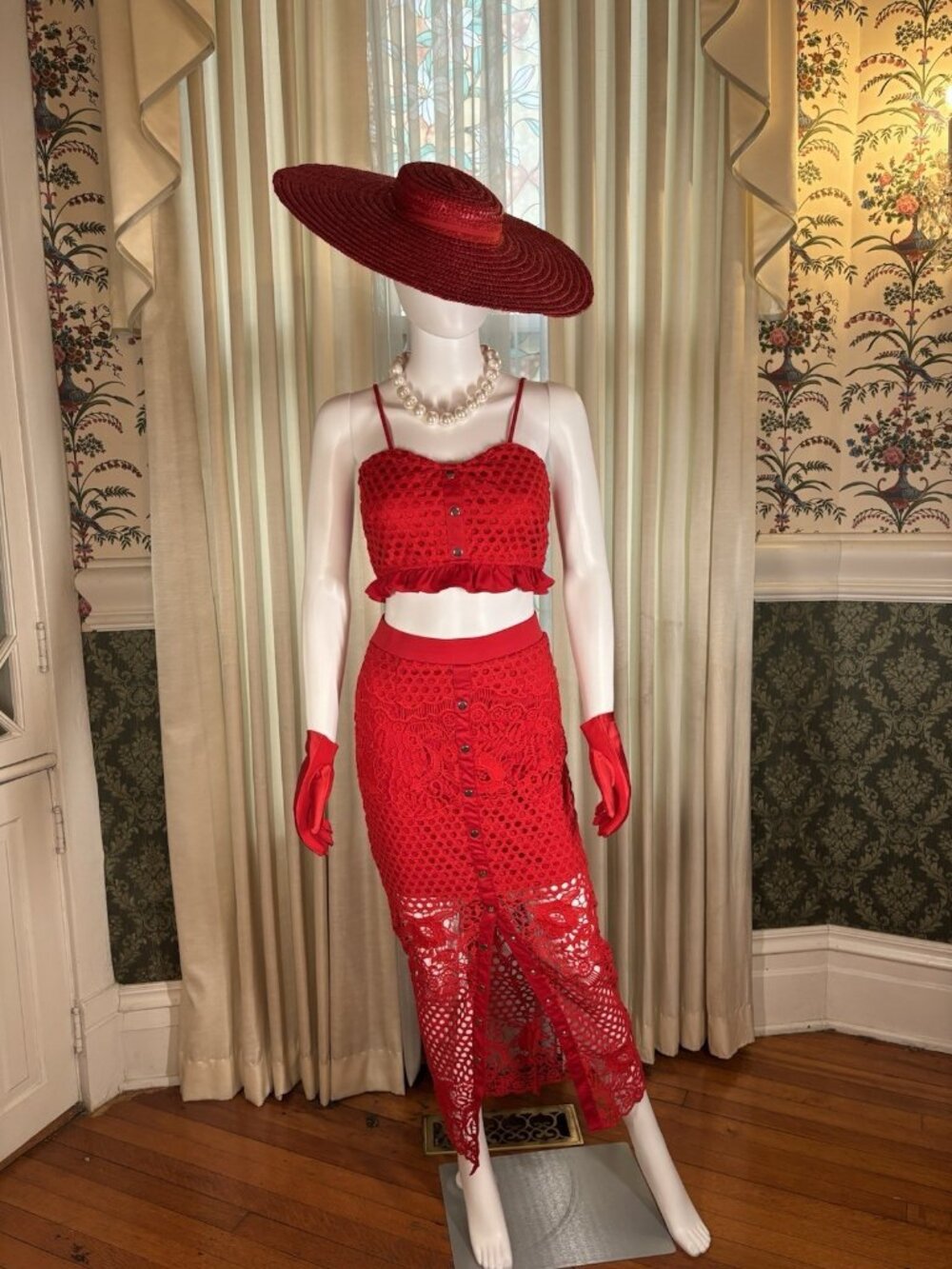 Glamaker Red Crochet Lace Crop Top Pencil Maxi Skirt Set S